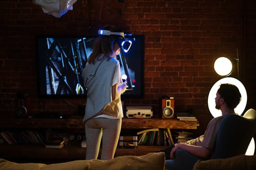 A couple experiencing virtual reality gaming indoors with a cozy ambiance.
