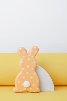 Charming polka dot Easter bunny decoration on a yellow background, perfect for festive themes.