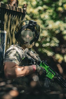 Dynamic shot of a paintball player in full gear, armed for action in a wooded setting.